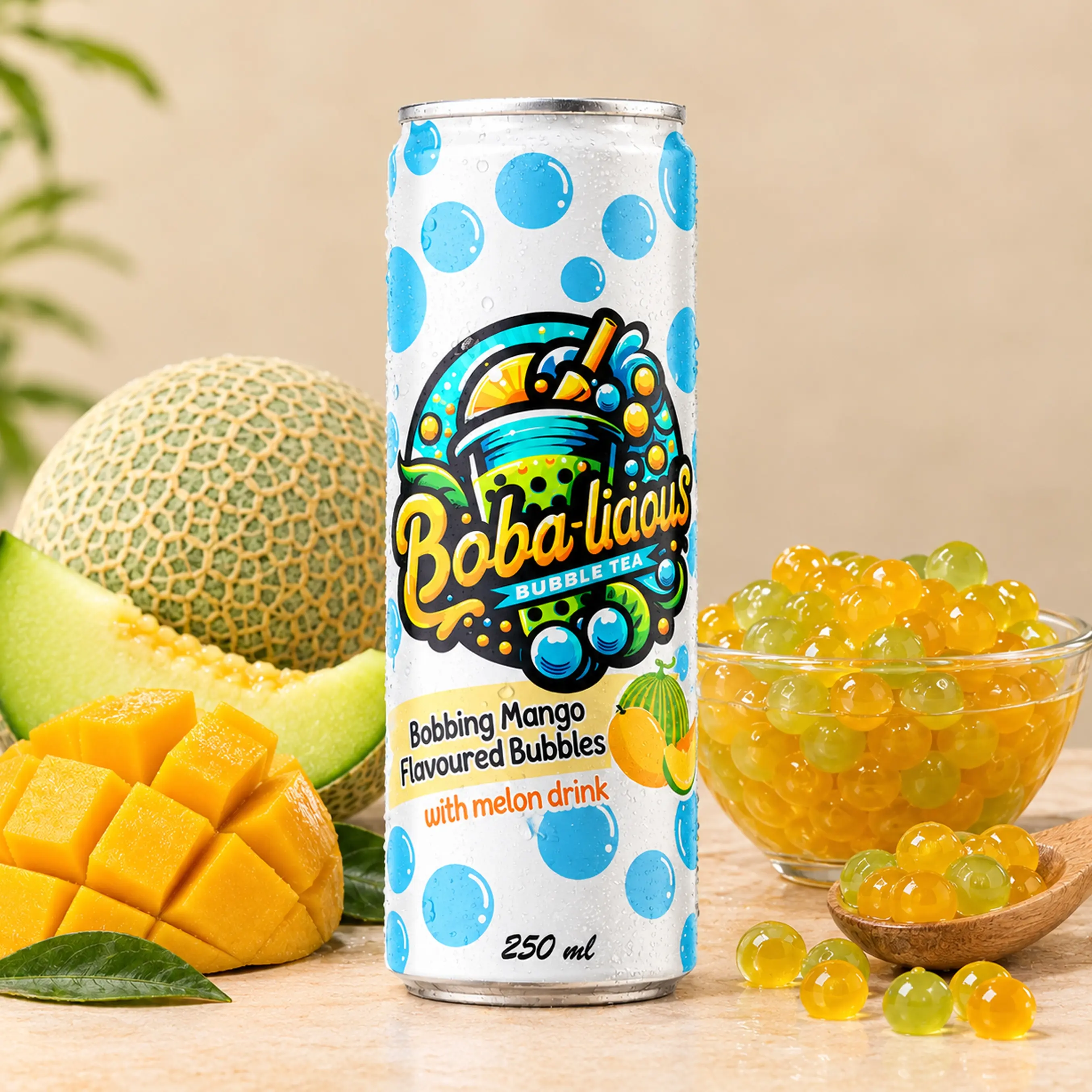 BUBBLE TEA Boba-licious 250 ml can with mango flavoured bubbles, melon drink, fresh mango, melon and popping boba.